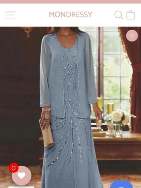 Embellished Sequin Evening Gown Set in Dusty Blue
